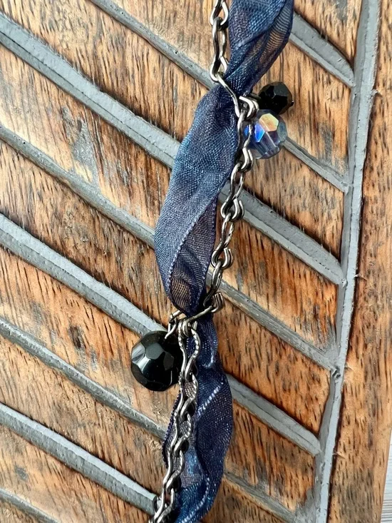 Cookie Lee Navy Ribbon Gunmetal Chain Crystal Dangle Beaded Necklace - Picture 9 of 12